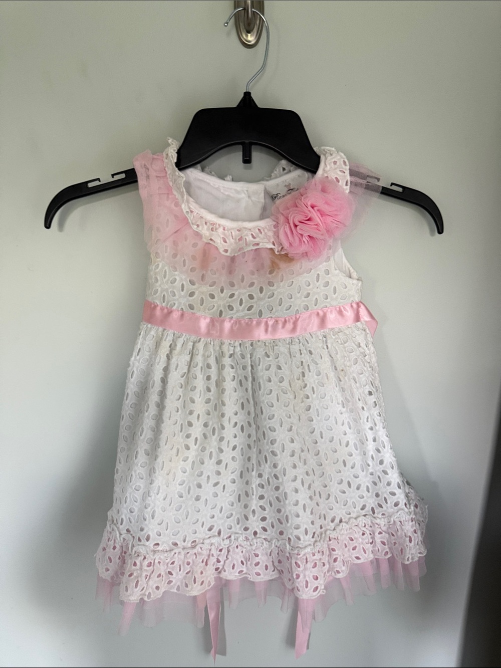 Rare Editions White Eyelet Dress with Pink Trim and Flower